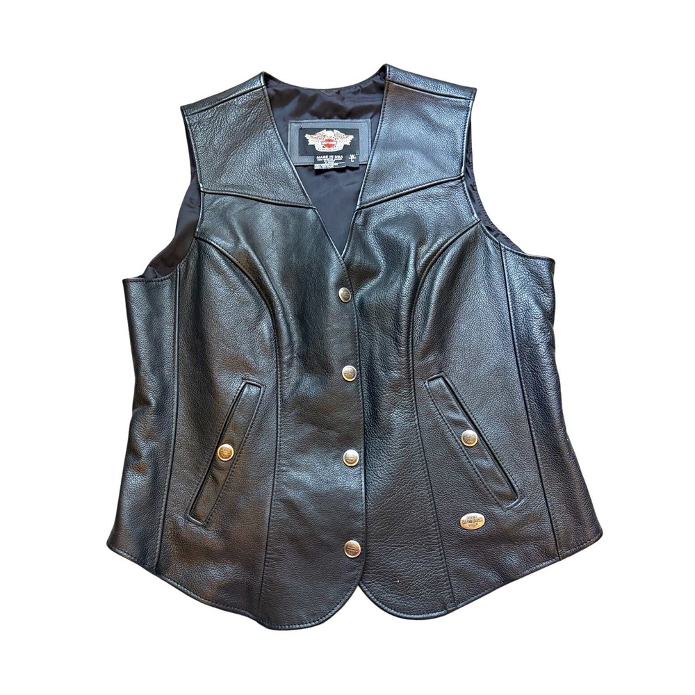 VTG Harley-Davidson women's Black Leather Vest Made in USA L motorcycle biker
